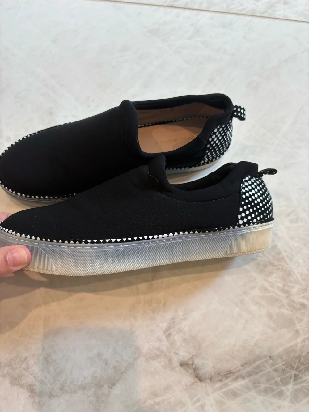 Stuart Weitzman Recovery Black Neoprene Slip On Sneaker Checkered Flat
